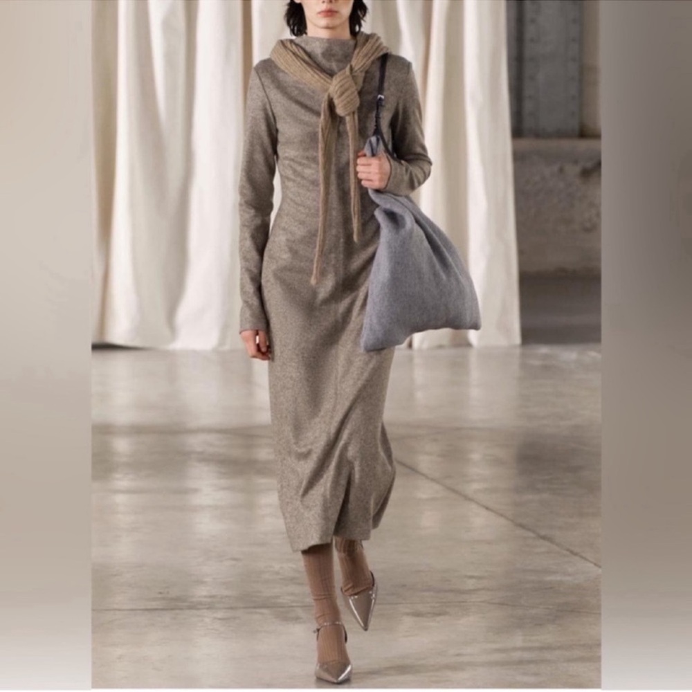 ZARA Neutral Taupe Wool Knit Long-Sleeve Midi Dress
